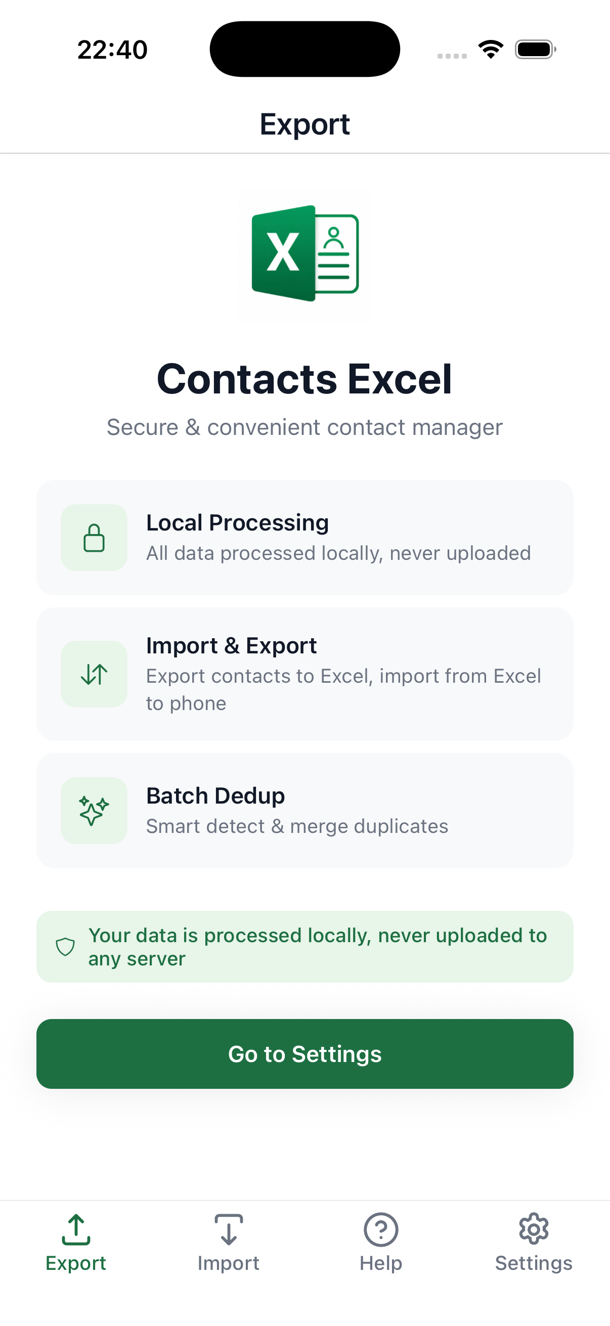 Contacts Excel main screen