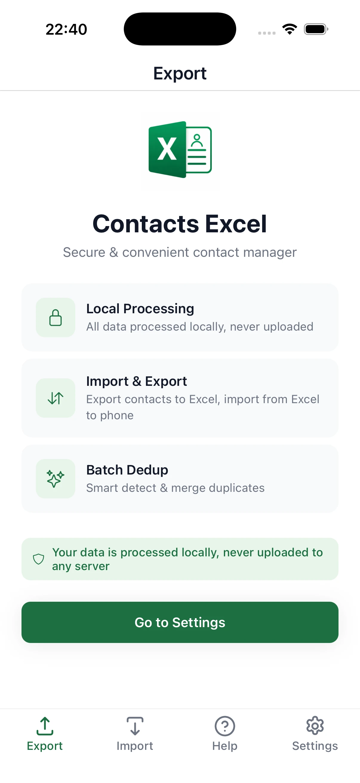 Contacts Excel main screen
