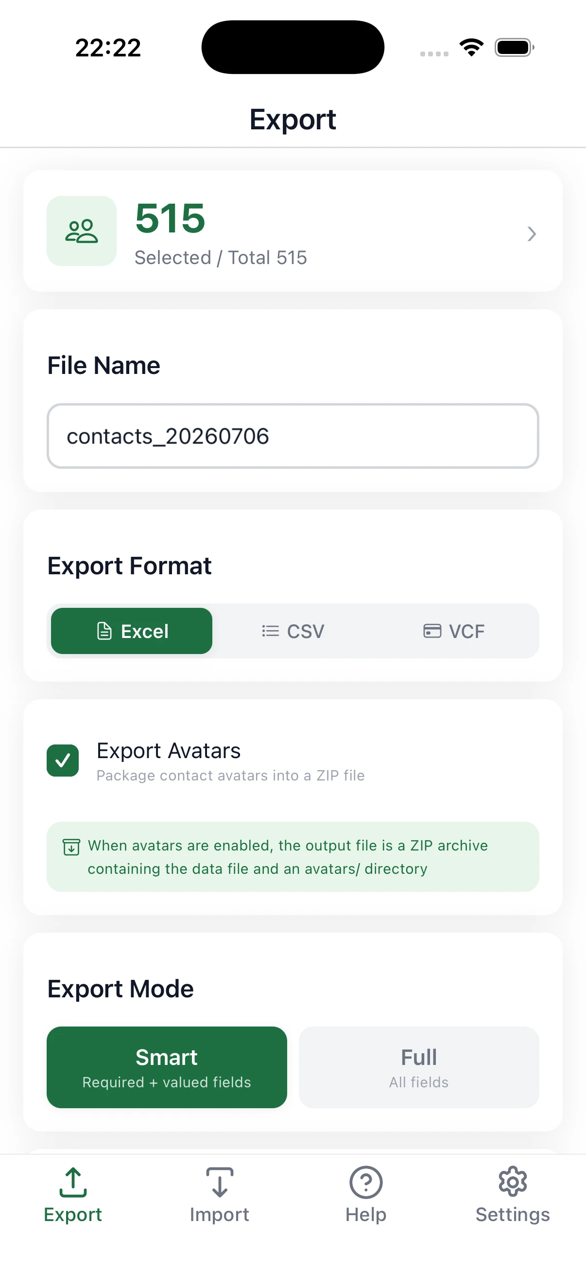 Export feature screen