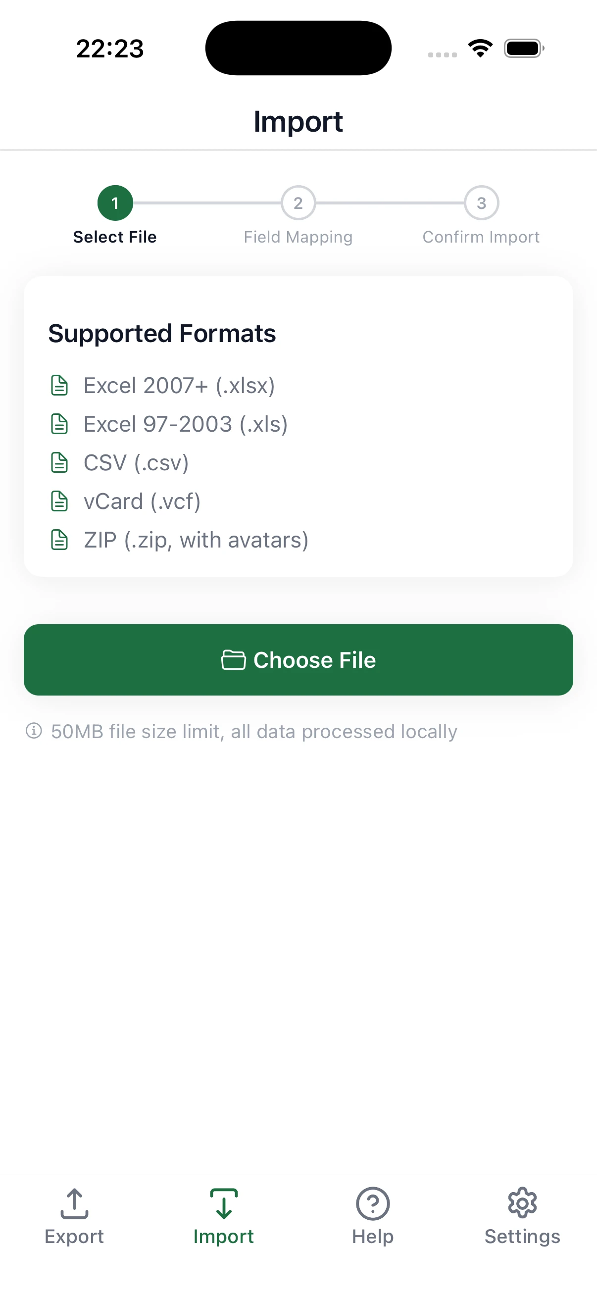 Import feature screen