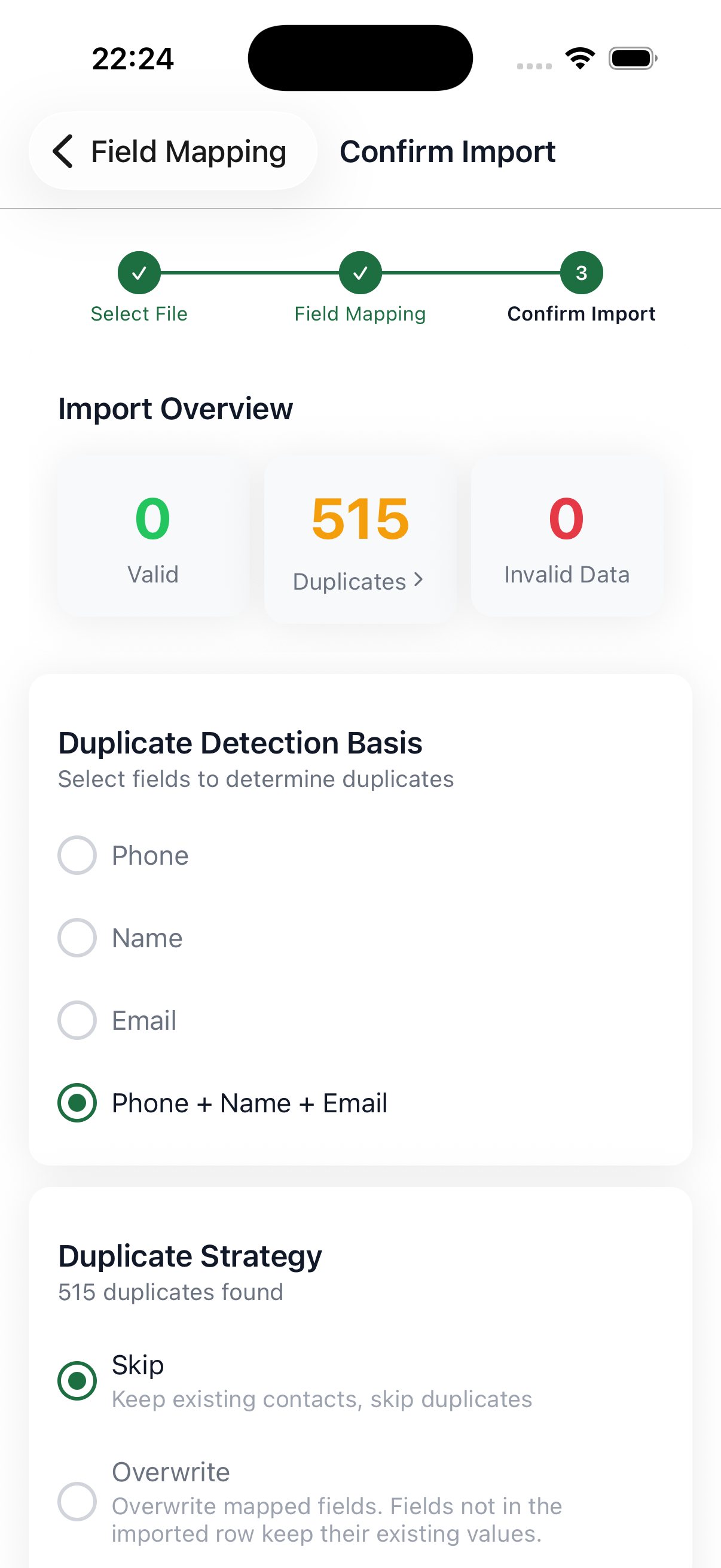 Field selection screen