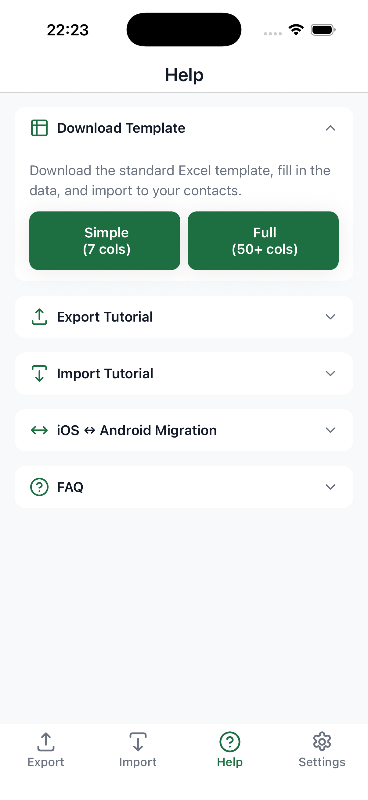Settings screen