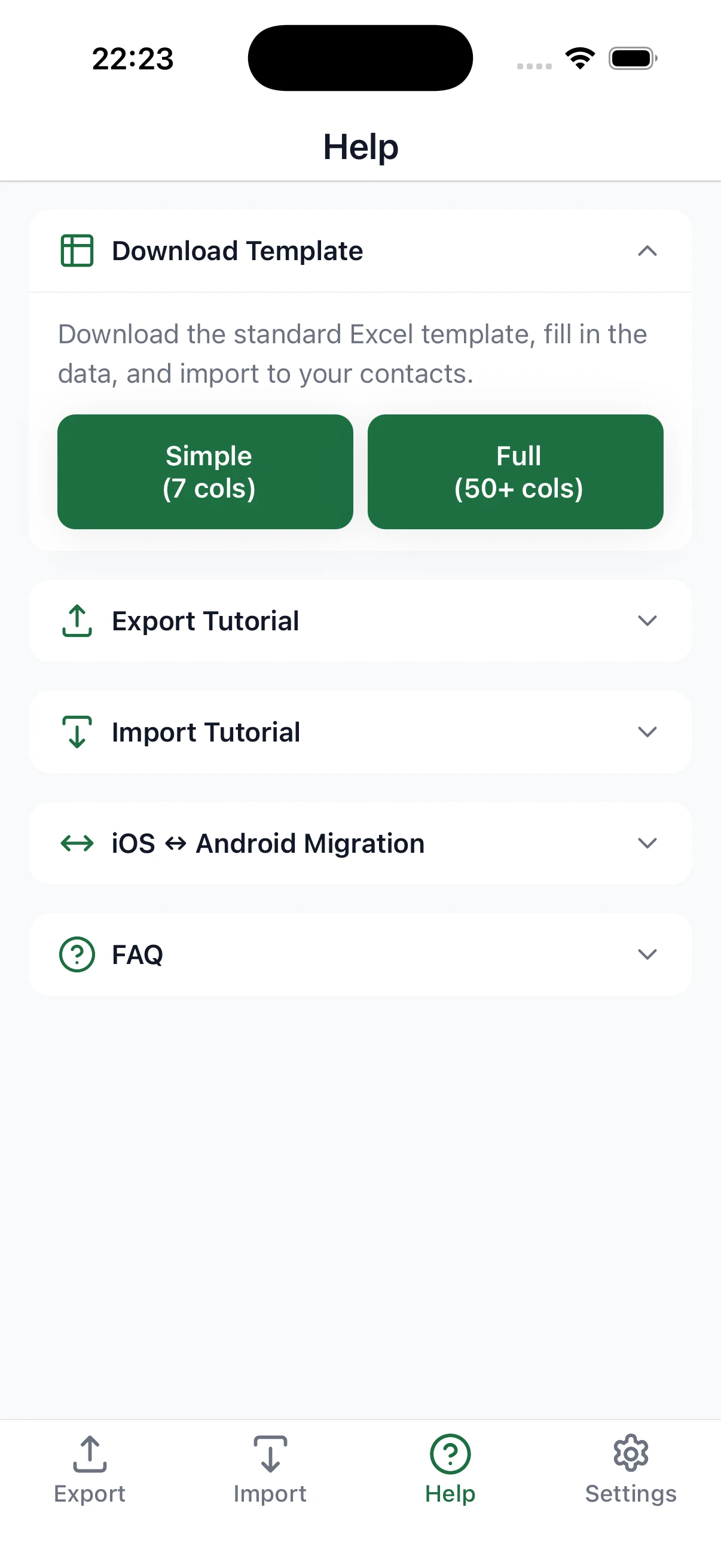 Settings screen